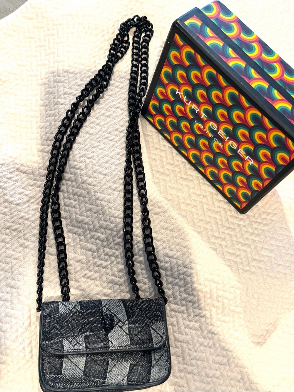 Kurt Geiger Micro Mini Kensington Denim Patchwork Black Chain Crossbody Bag &Box - Picture 3 of 10